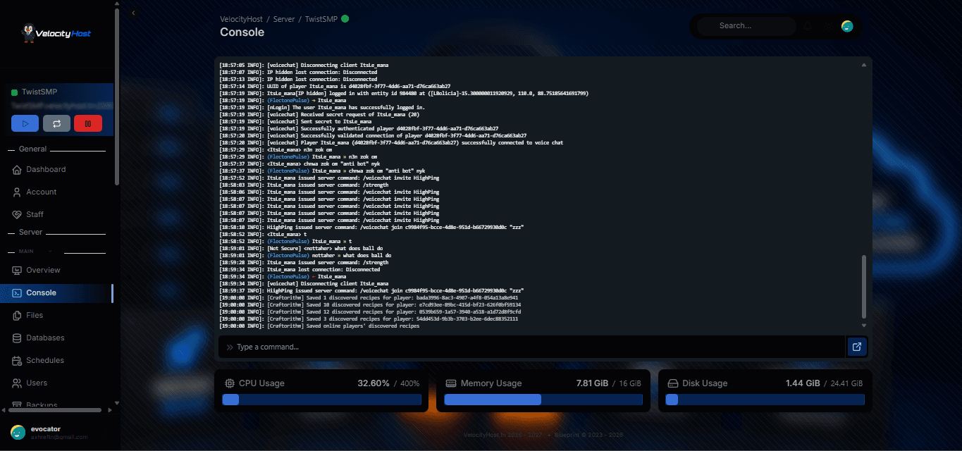 Shell Access – VelocityHost hosting panel screenshot