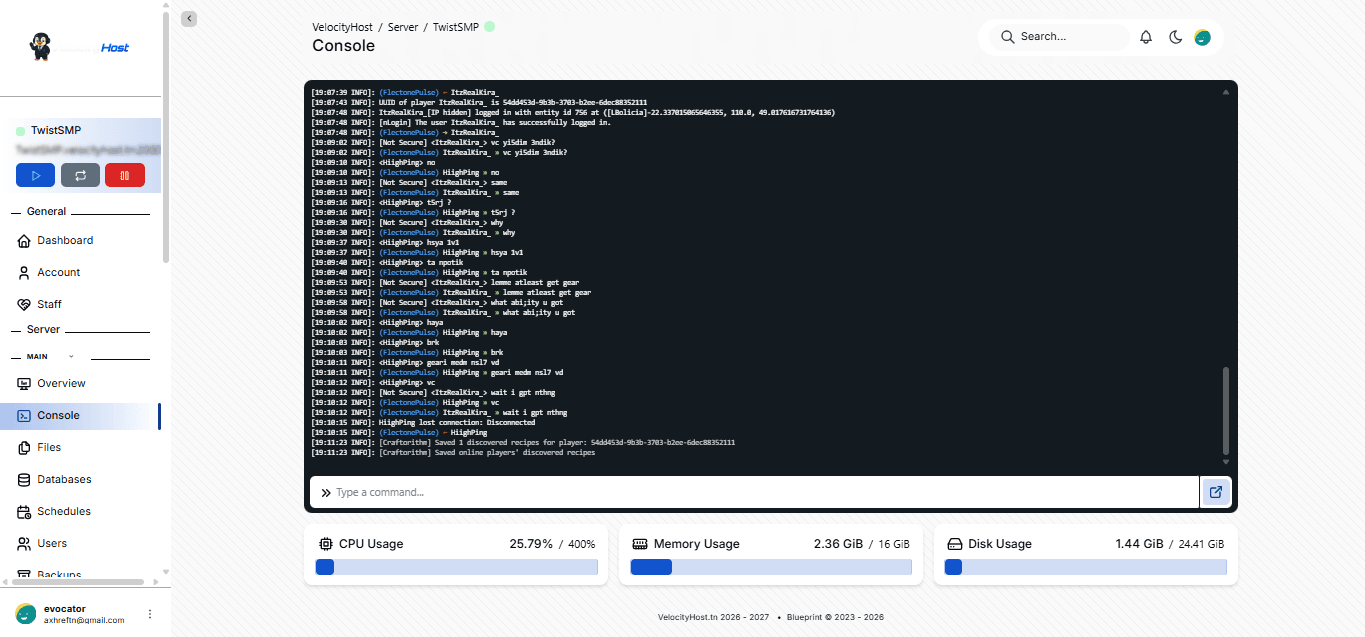 Shell Access – VelocityHost hosting panel screenshot